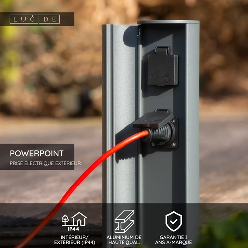 Lucide POWERPOINT - Colonne de prise de courant d'extérieur - Prise de courant avec broche de terre - Type E - Standard FR, BE, POL, SVK & CZE - Ø 10 cm - IP44 - Anthracite - USP